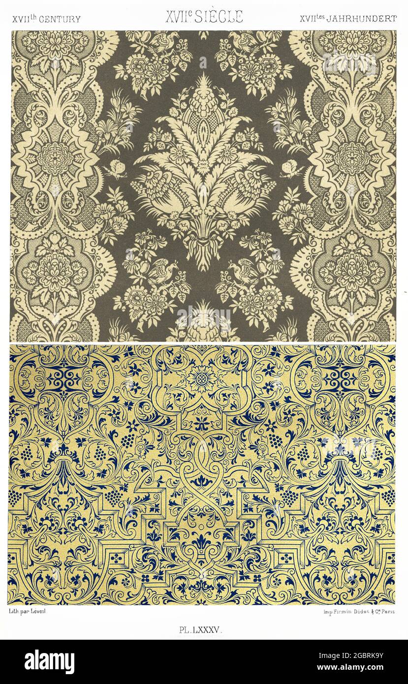 17. Century - Silk e Stamped Designs - due produzioni, che per quanto riguarda il colore sono semplici in Extreme. - dall'ornamento 1880. Foto Stock