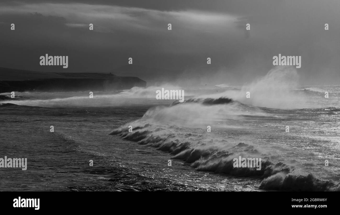 Spray e spatole, Marwick Head, Orkney Isles Foto Stock