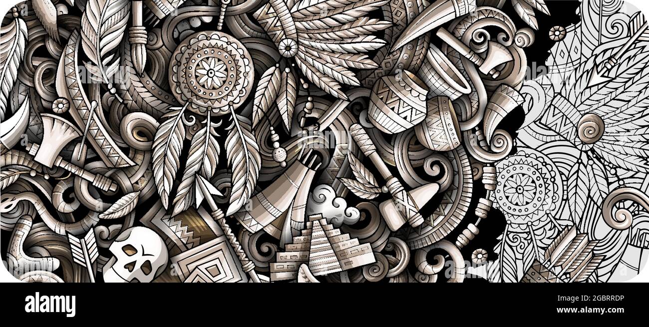 Bandiera americana del doodle disegnata a mano del nativo. Volantino dettagliato del vettore cartoon. Illustrazione Vettoriale