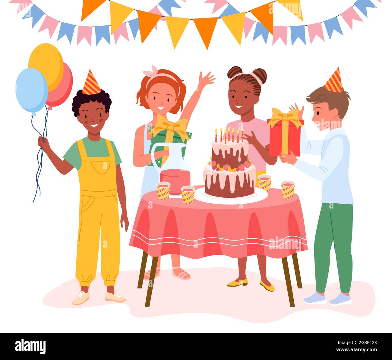 Cartoon felici bambini in vacanza cappelli, personaggi giovani seduti a tavola con torta di compleanno cioccolato e candele isolate su bianco. I bambini festeggiano Illustrazione Vettoriale