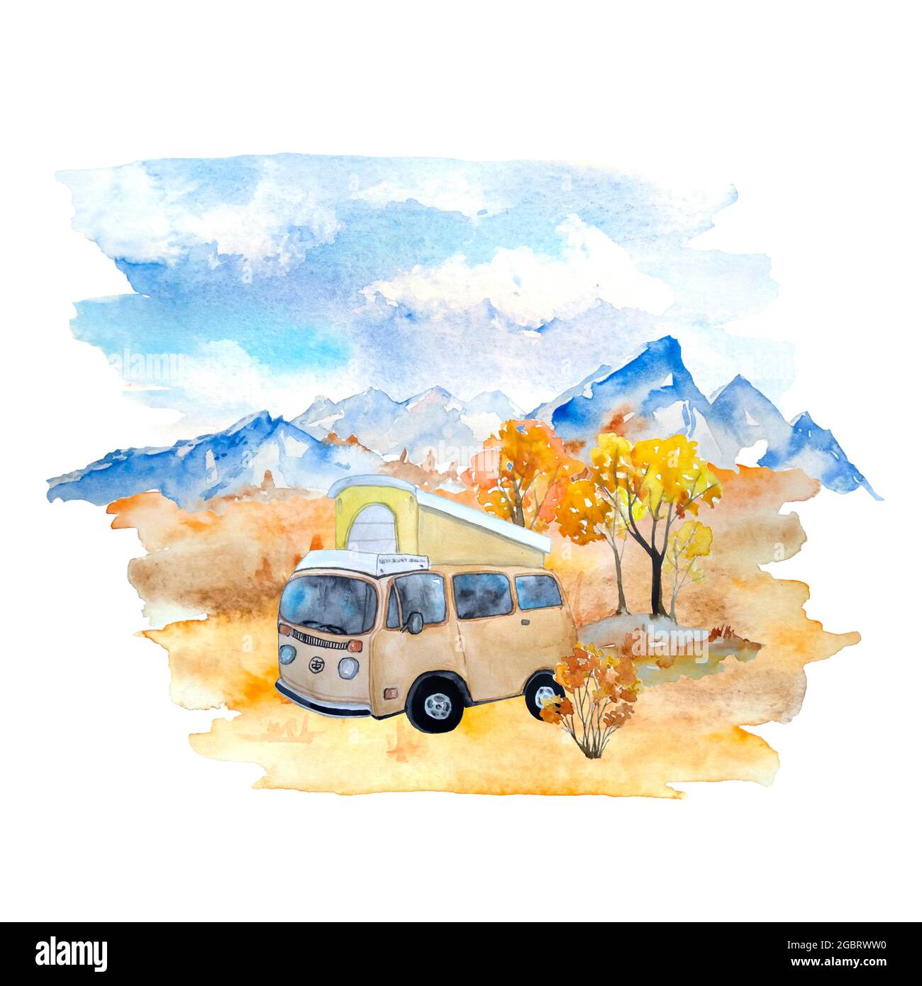 Acquerello disegnata a mano illustrazione con autunno paesaggio con montagne cielo arancio erba cespugli e rimorchio camper, tenda turistica. Turismo attività campeggio all'aperto. Natura selvaggia foresta settembre ottobre Foto Stock