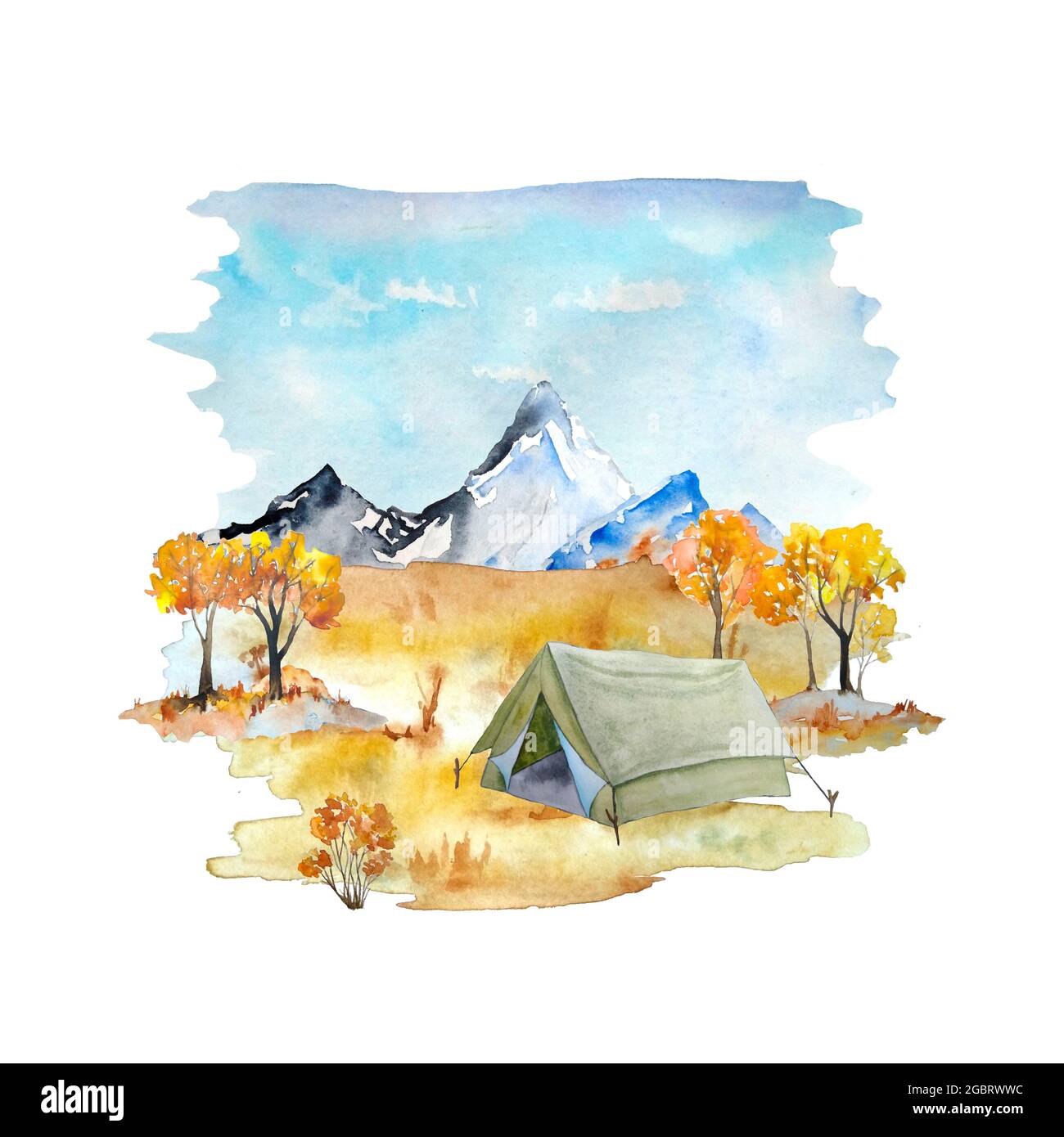 Acquerello disegnata a mano illustrazione con autunno paesaggio con montagne cielo arancio erba cespugli e rimorchio camper, tenda turistica. Turismo attività campeggio all'aperto. Natura selvaggia foresta settembre ottobre Foto Stock