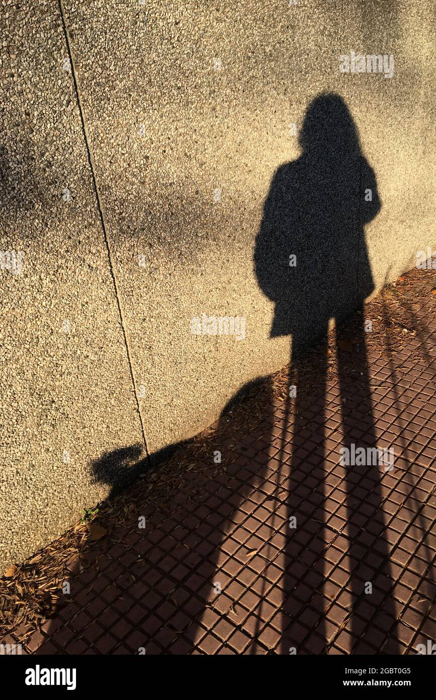 Ombra di una persona che cammina un cane sul marciapiede della città Foto Stock