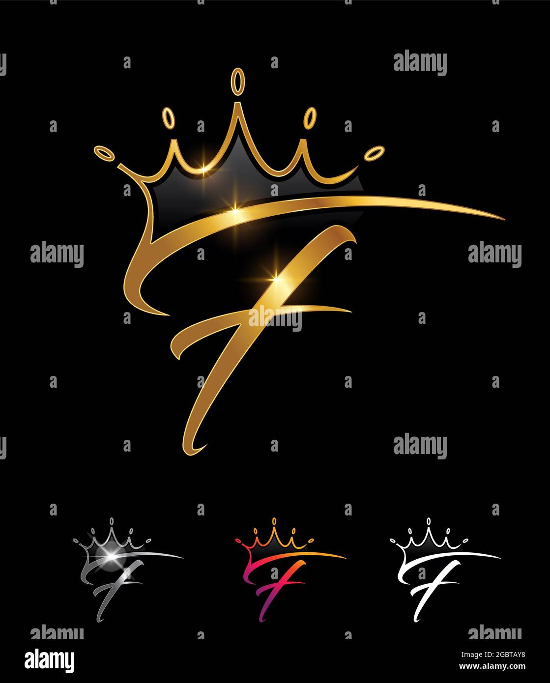 Un set di illustrazioni vettoriali di Golden Monogram Crown Initial Letter F su sfondo nero con effetto lucentezza oro per logo e lucentezza reali e di lusso Illustrazione Vettoriale