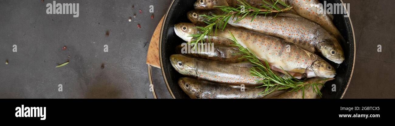 Trote di salmone selvatico crude, ingredienti sani per cucinare su sfondo scuro Foto Stock