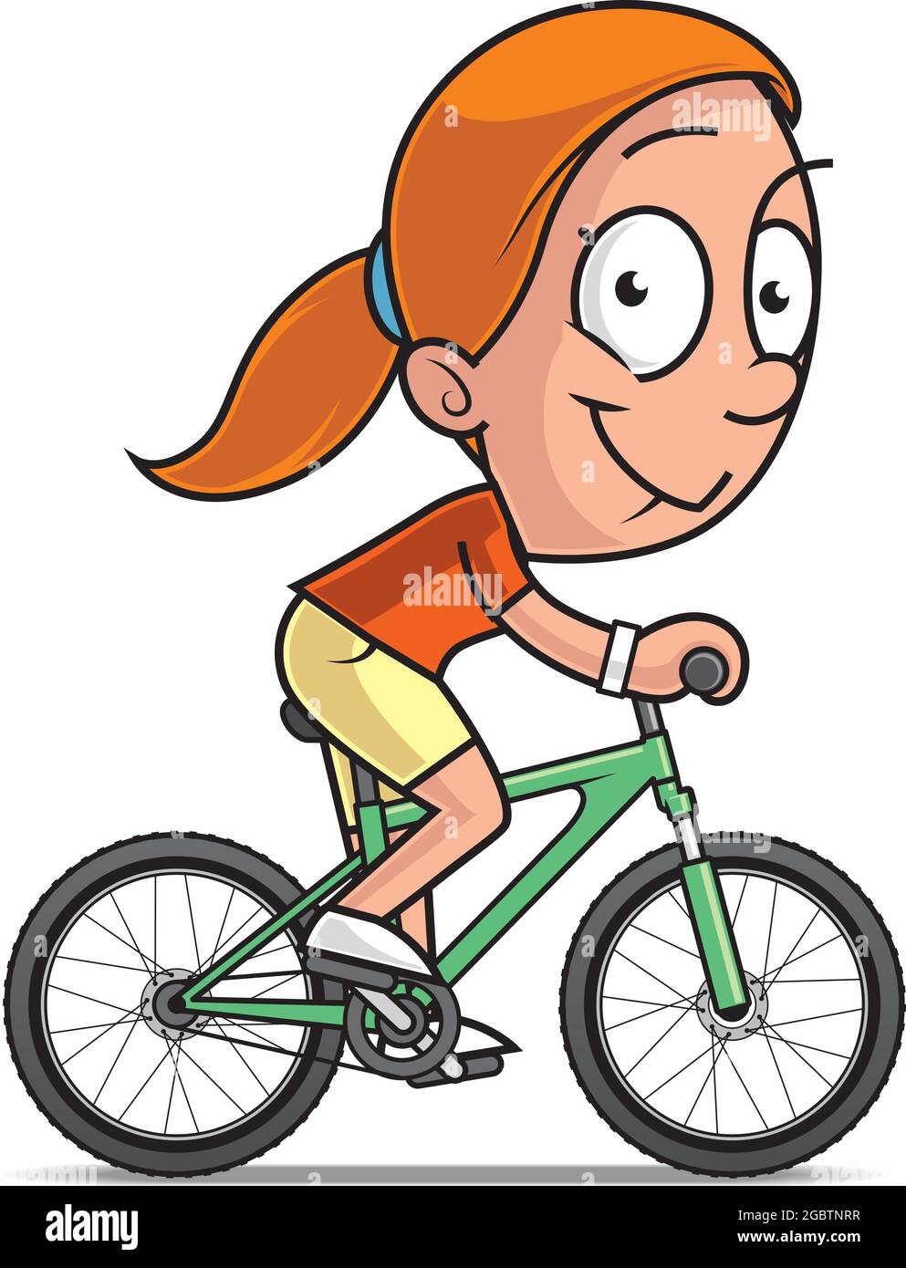 Cartoon illustrazione di una donna ciclicista che cavalcano una bicicletta Illustrazione Vettoriale