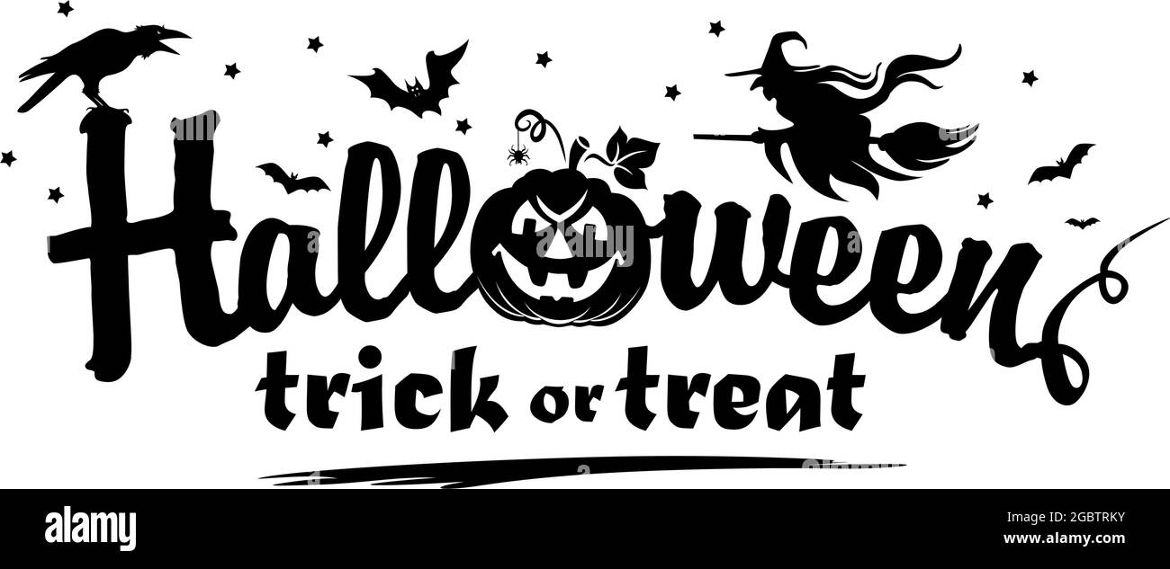 Poster in bianco e nero di Halloween con elementi horror. Cartoon zucca, strega, corvo, pipistrello, ragno per decorazione biglietto d'auguri. Vettore su trasparente Illustrazione Vettoriale