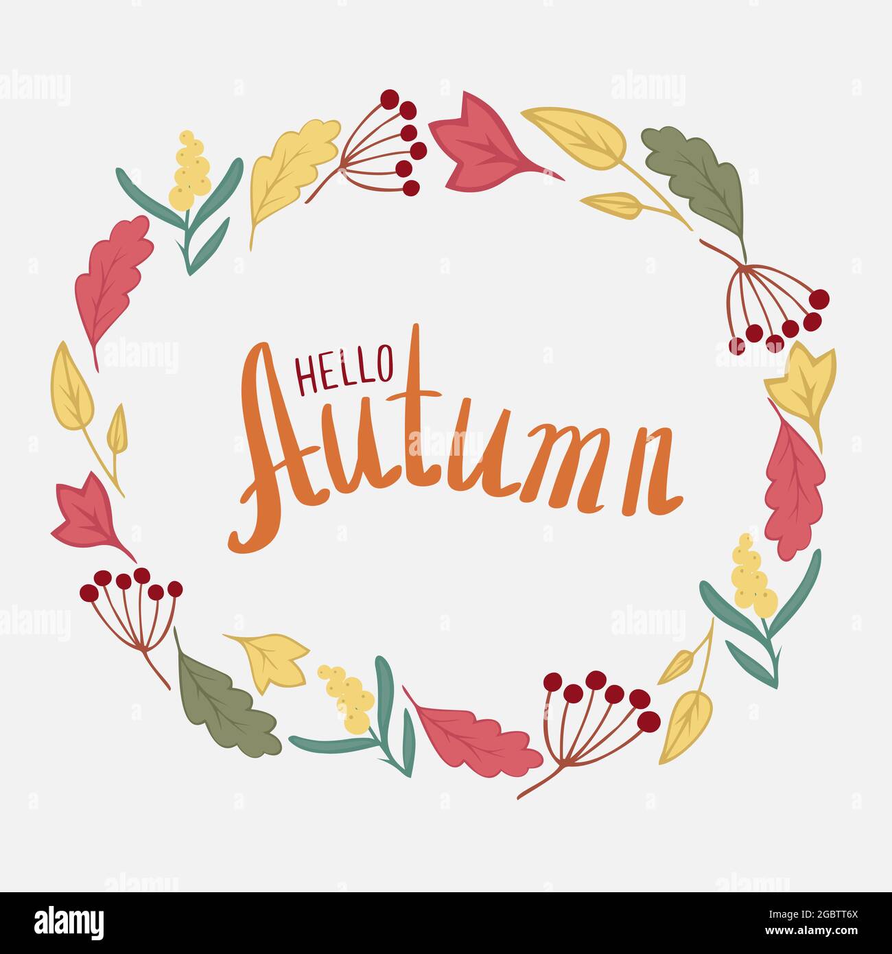 Scritta a mano Autunno in cerchio di foglie e bacche autunnali. Modello per carte, inviti, tessuti made in vector. Illustrazione Vettoriale