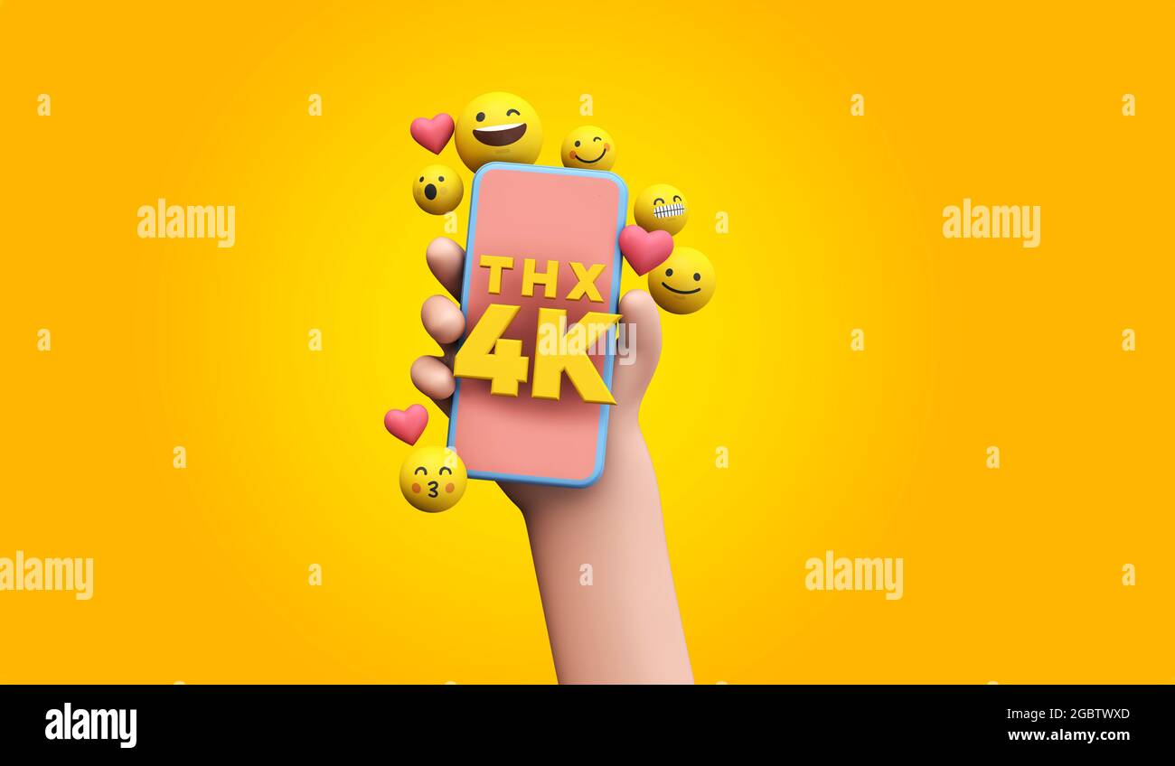 Grazie ai sostenitori dei social media 4k. Cartoon e smartphone. Rendering 3D. Foto Stock