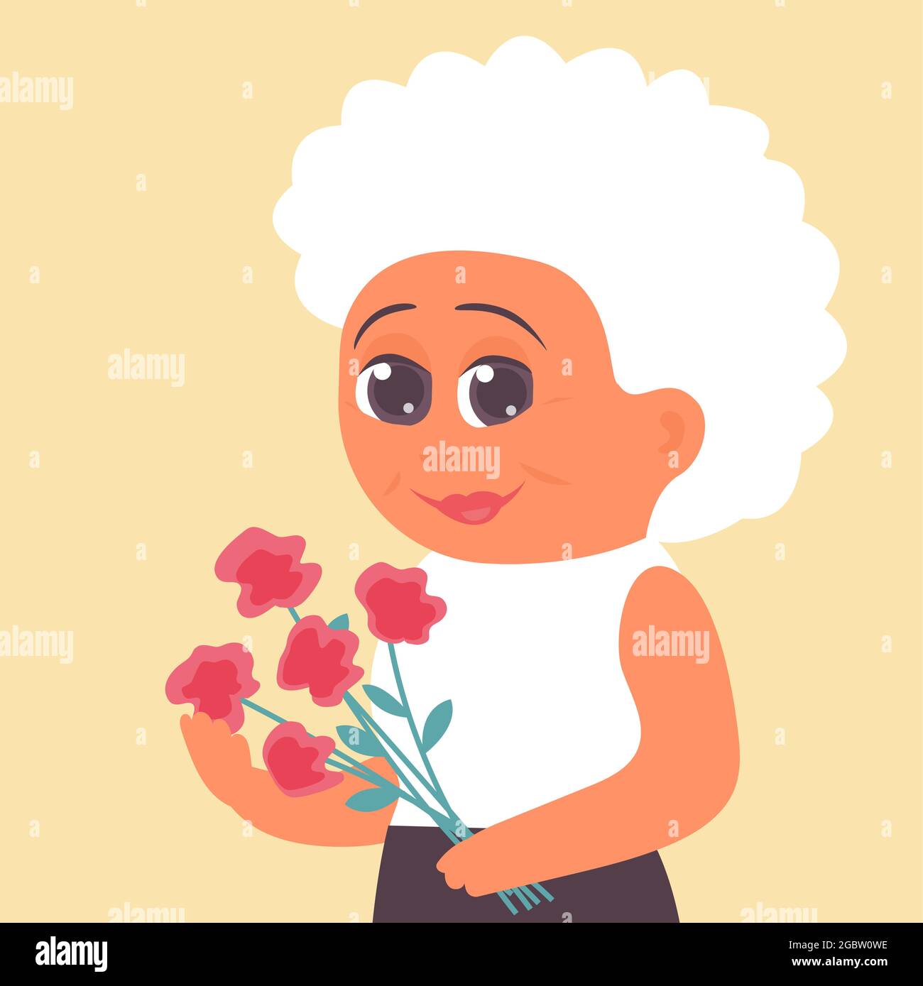 Donna anziana con bouquet di fiori. C'è un sorriso felice sulla faccia di  mia nonna. Illustrazione di cartoni animati vettoriali Immagine e  Vettoriale - Alamy