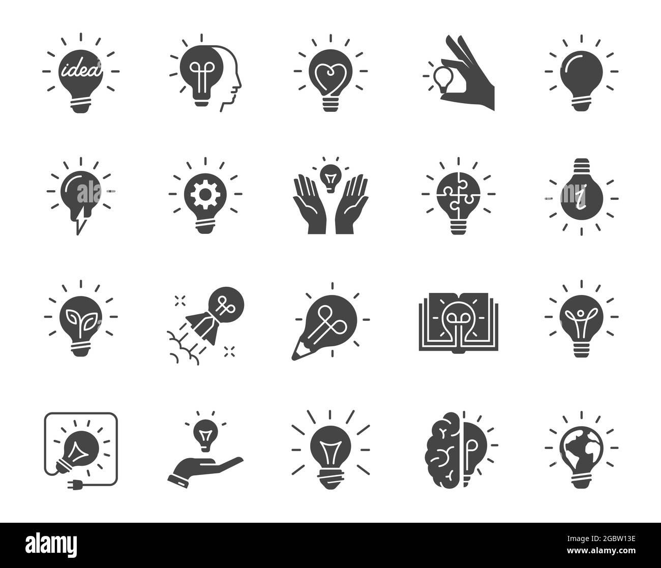 Insieme vettoriale di icone di lampadine con vari simboli di pensiero creativo in stile glifo. Illustrazione Vettoriale