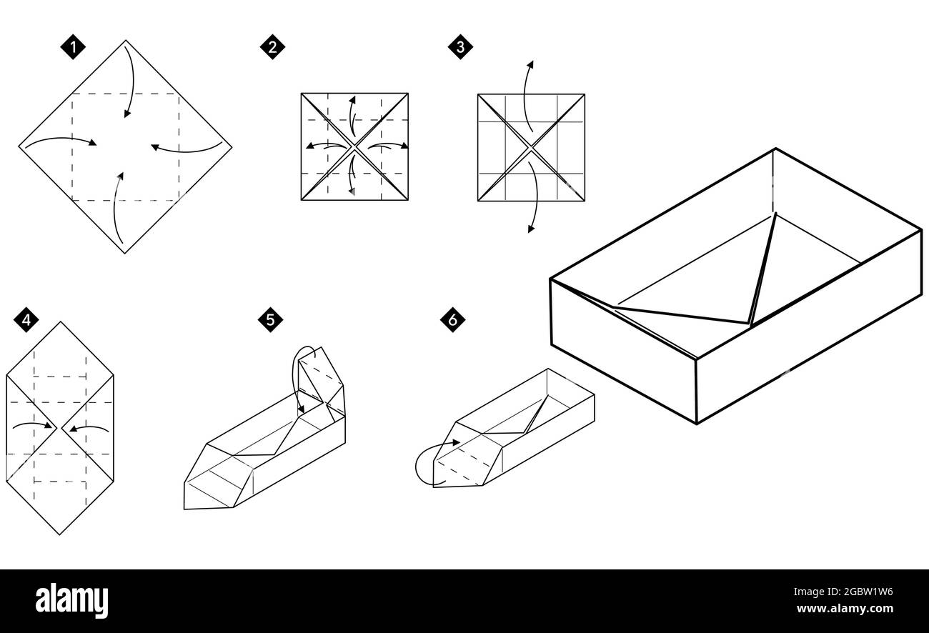 Come fare la scatola di origami. Istruzioni fai-da-te in bianco e nero passo dopo passo. Illustrazione vettoriale monocromatica del contorno. Illustrazione Vettoriale