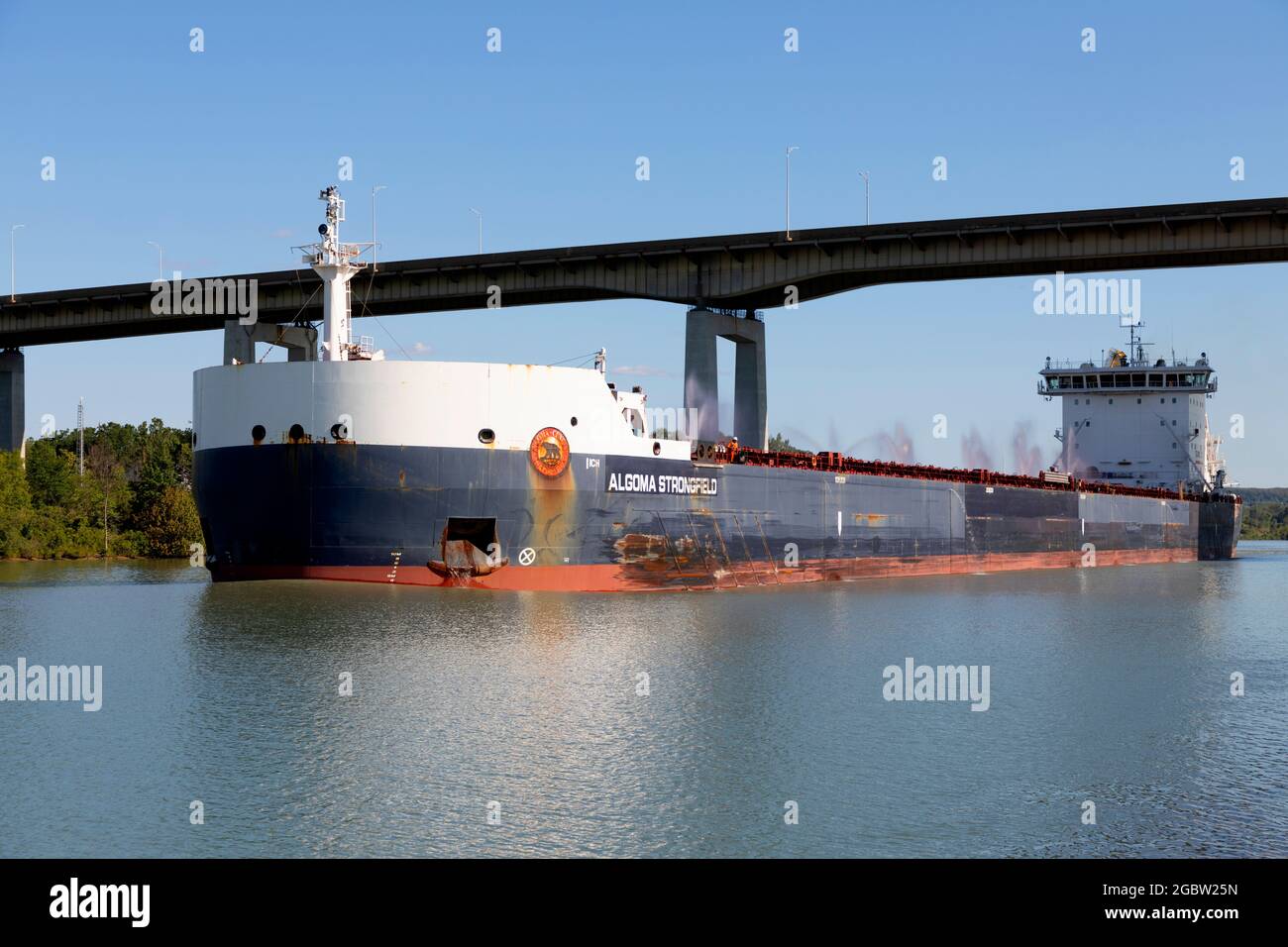 Nave di trasporto che passa sotto Queen Elizabeth Way Garden City Skyway Welland Canal St. Catharines Ontario. San Lorenzo Seaway Foto Stock