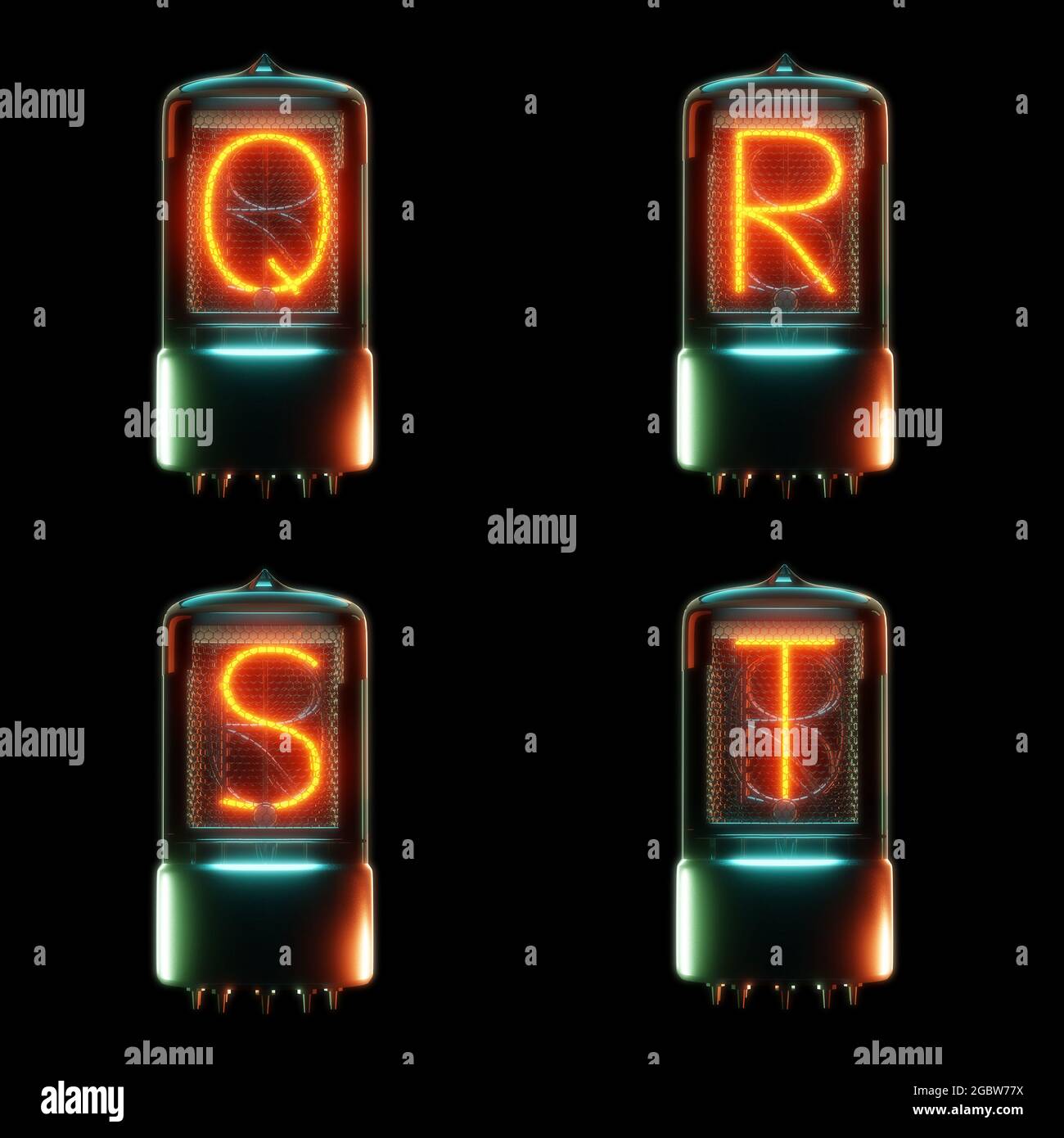 Rendering 3d dell'alfabeto del tubo catodico freddo - lettere Q-T. Foto Stock