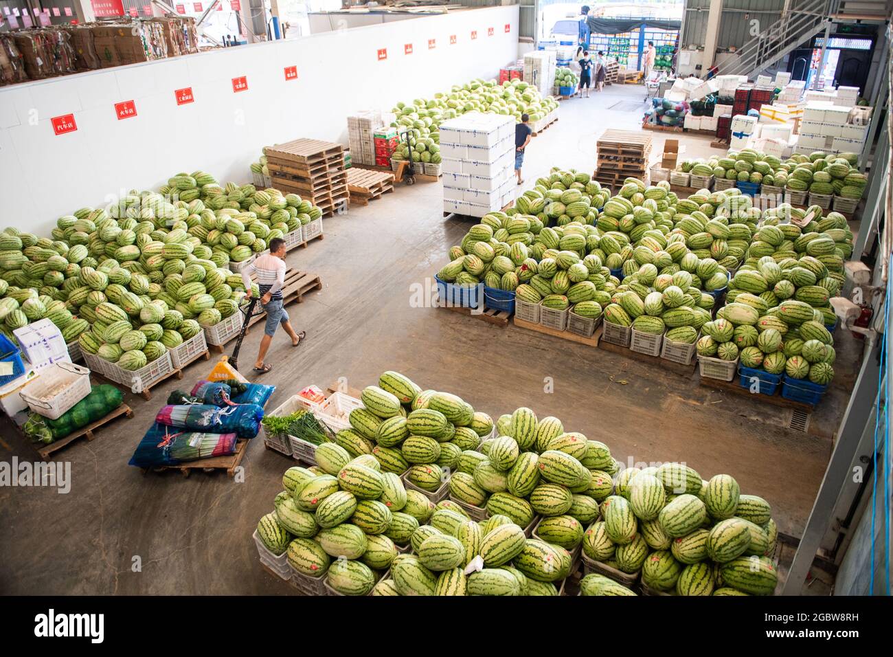 (210805) -- ZHANGJIAJIE, 5 agosto 2021 (Xinhua) -- i membri dello staff trasferiscono frutta e verdura presso il centro di distribuzione di un supermercato a Zhangjiajie, provincia di Hunan della Cina centrale, 5 agosto 2021. Le autorità dello Zhangjiajie hanno preso misure proattive per garantire un approvvigionamento stabile di beni di prima necessità nell'ambito dell'ultima rinascita del COVID-19. (Xinhua/Chen Sihan) Foto Stock