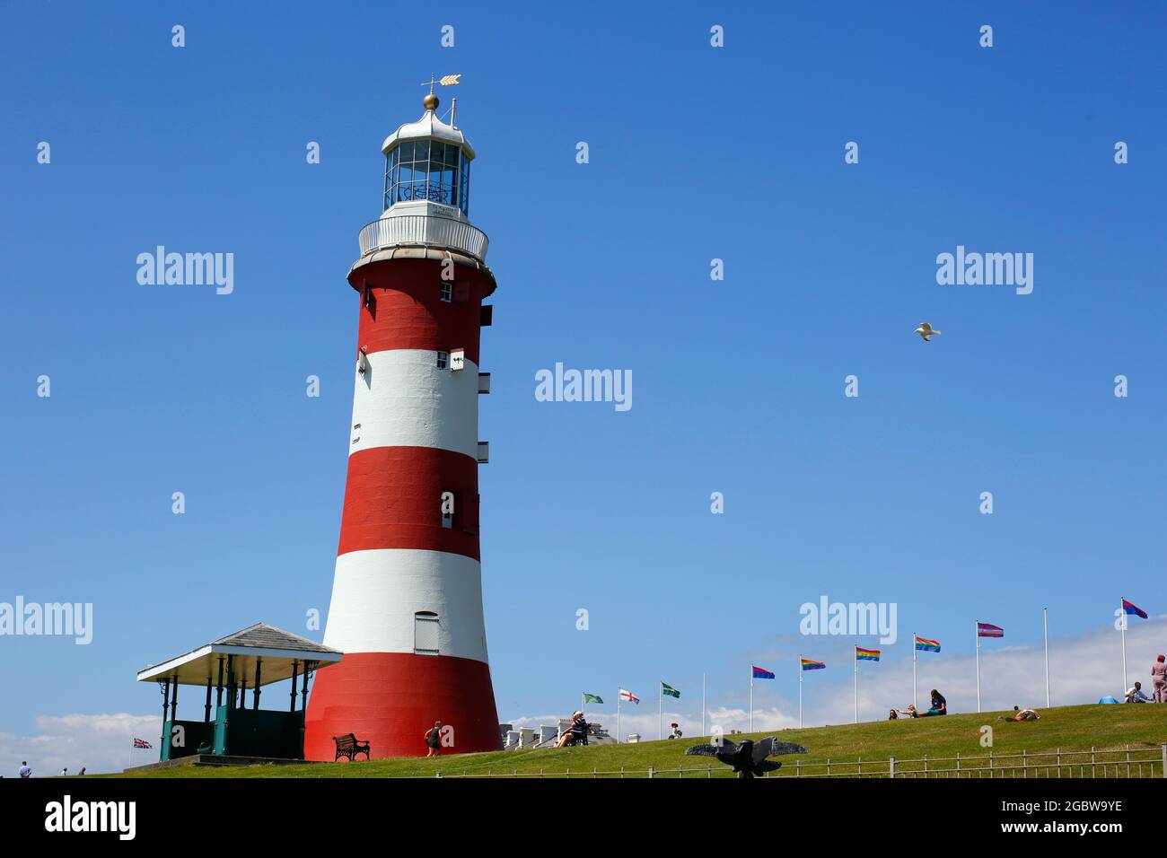 Faro a torre di Smeaton su Plymouth Hoe a Devon, Regno Unito. Foto Stock