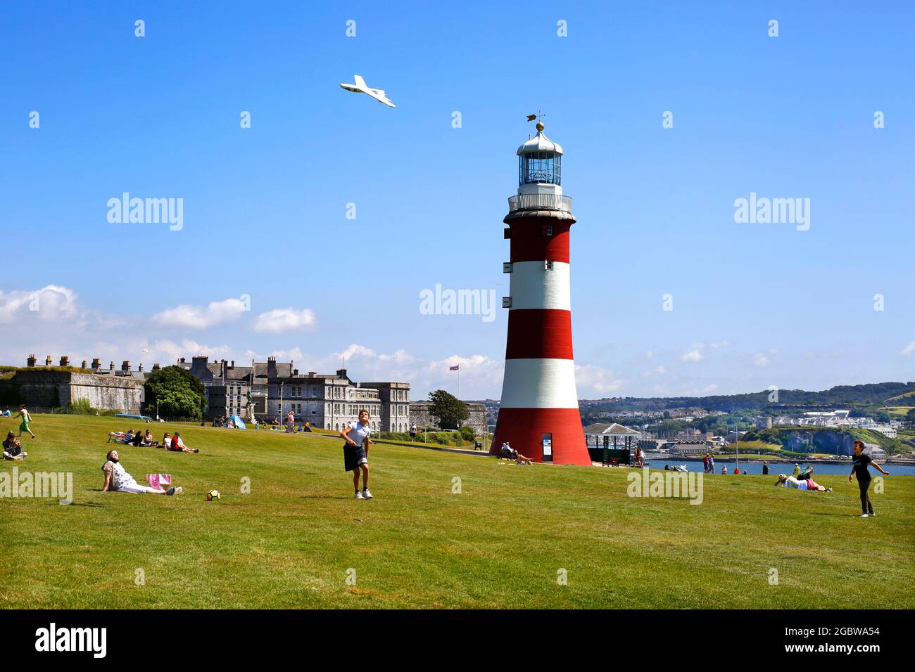 Faro a torre di Smeaton su Plymouth Hoe a Devon, Regno Unito. Foto Stock