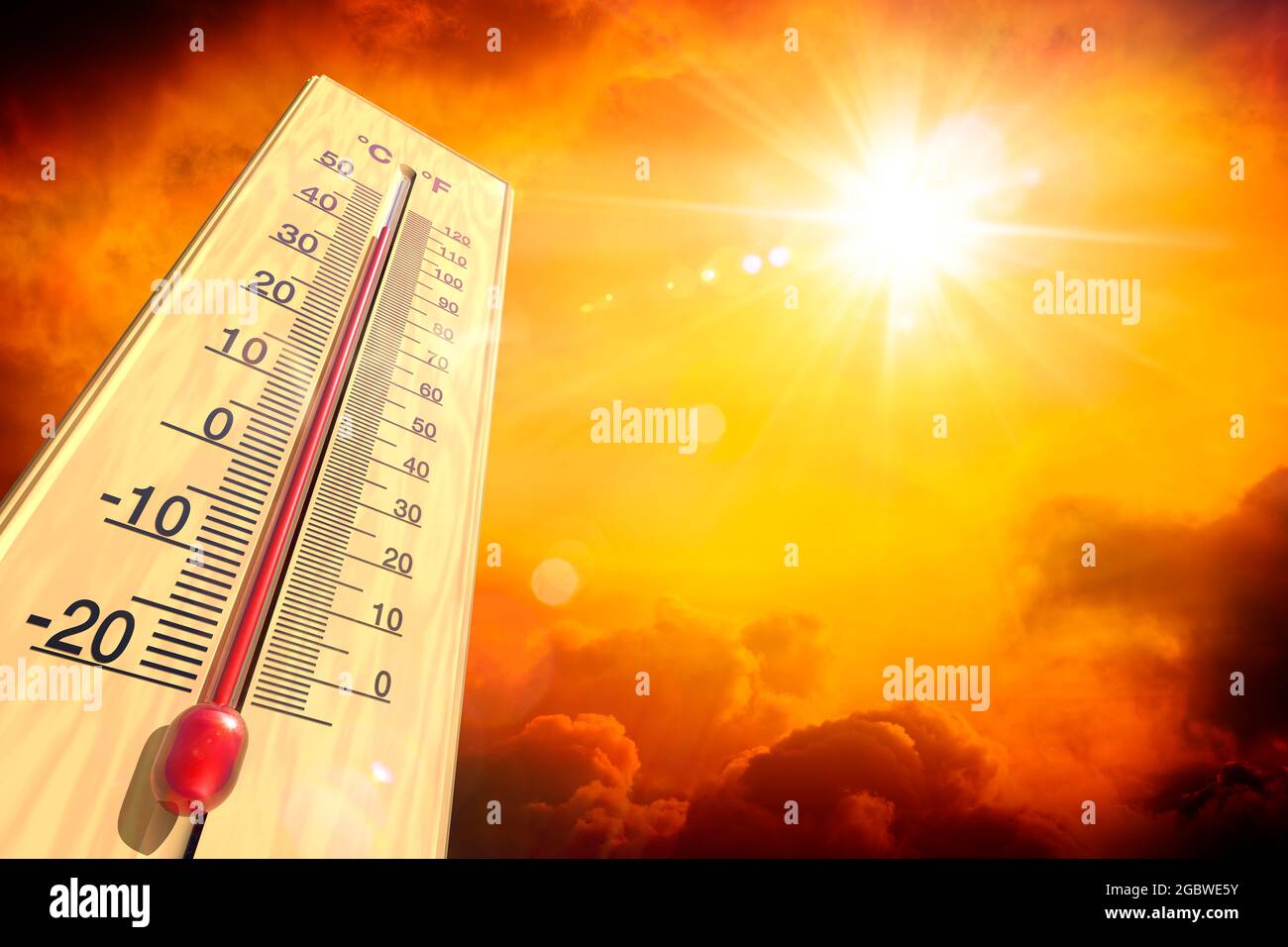 Temperatura di calore - termometro e sole caldo - clima estremo - contengono rendering 3d Foto Stock