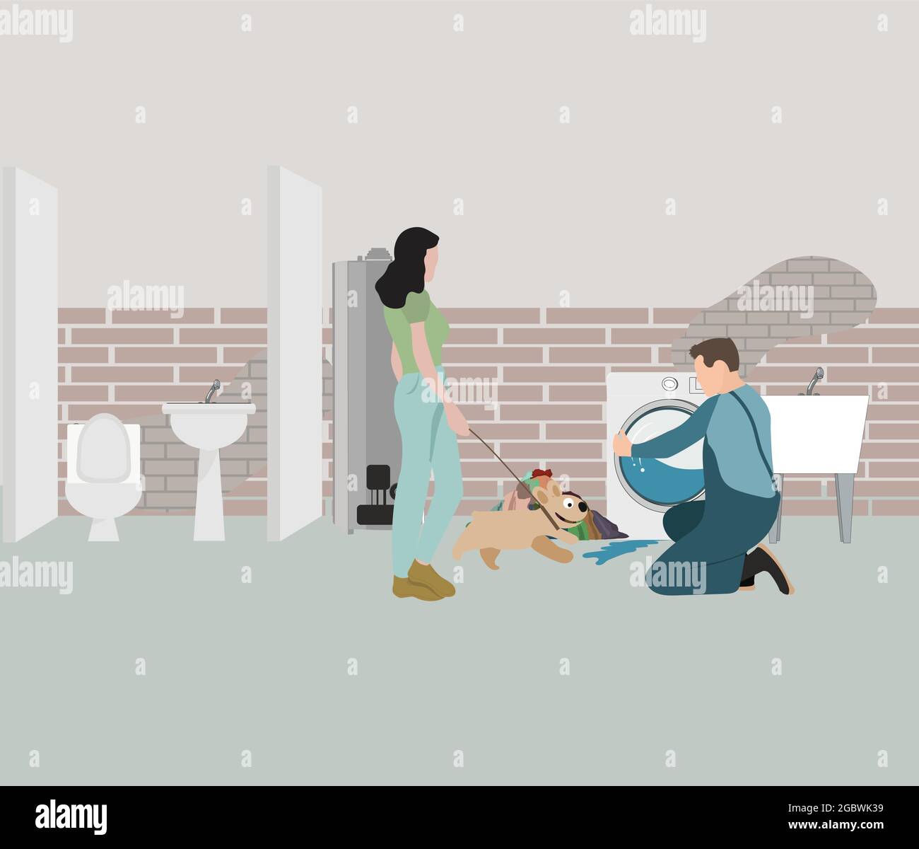 idraulico Repairman con cassetta degli attrezzi spiegare il problema della macchina da lavanderia al proprietario della casa femminile nel seminterrato, vettore piatto illustrazione scena insieme. Illustrazione Vettoriale