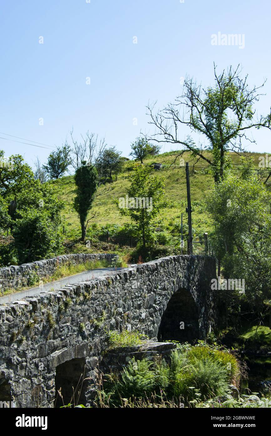 Vecchio ponte di pietra, fiume Dwyfor, Snowdonia, Galles. Struttura semplice e storica. Design ad arco. Paesaggio rurale. Shot verticale. Cielo blu e spazio copia Foto Stock