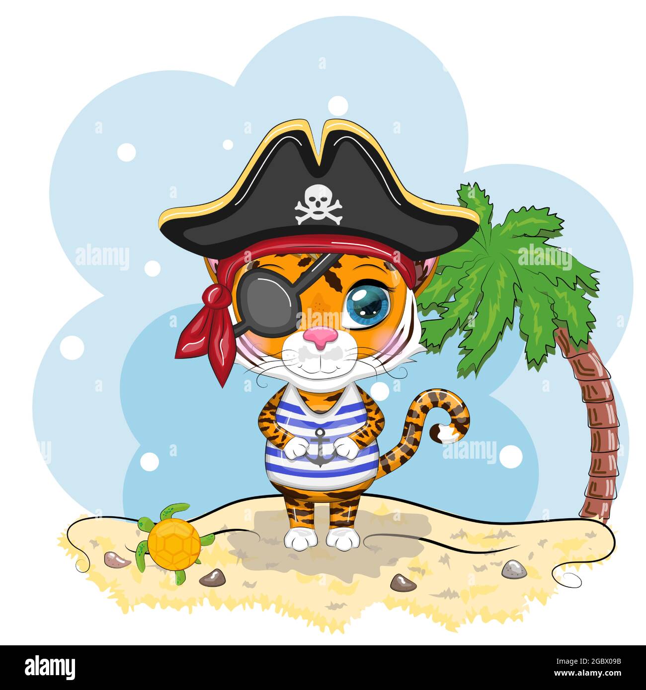 Pirata di tigre di cartoni animati in una T-shirt a righe, cappello cocked,  con un cerotto oculare. Hawaii, Vacanze, Mare. L'estate è in arrivo. Stile  per bambini, dolcezza. Simbio Immagine e Vettoriale -