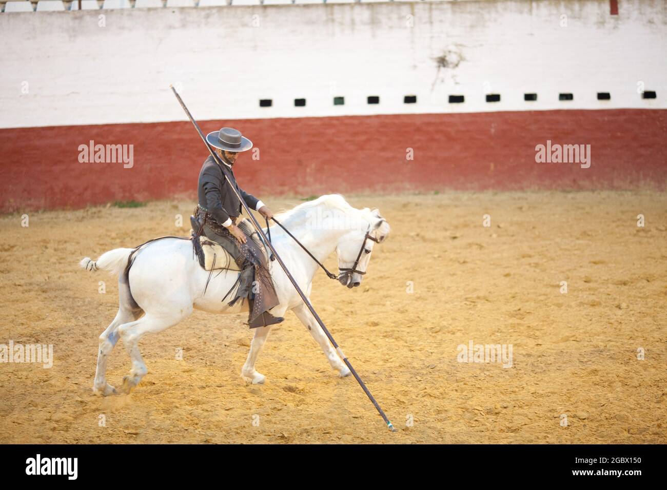 Garrocha pole equitazione in Spagna vicino a Siviglia in una fattoria Foto Stock