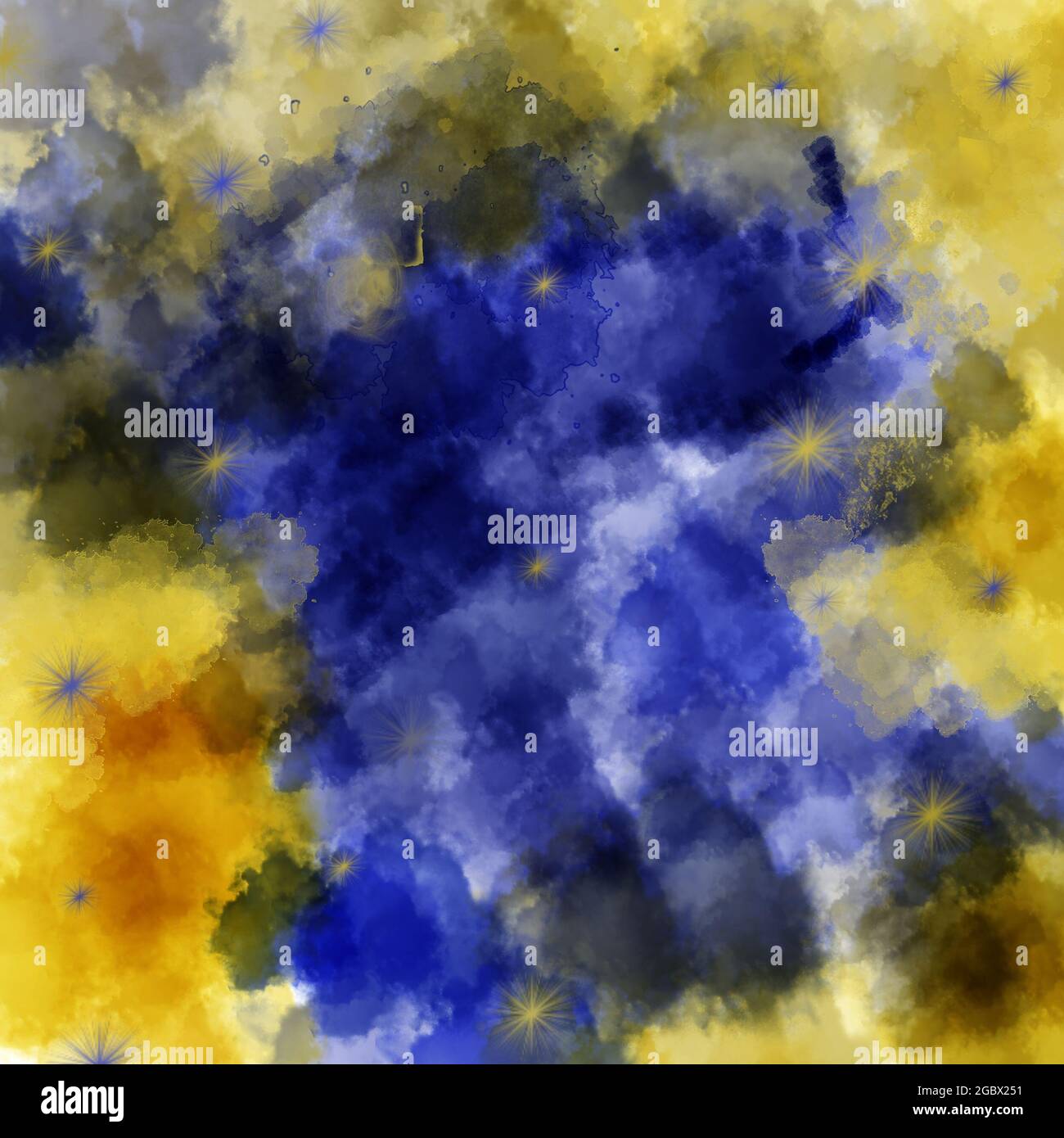 Cielo blu e giallo astratto e nuvole con stelle gialle. Spazzola acquerello. Foto Stock