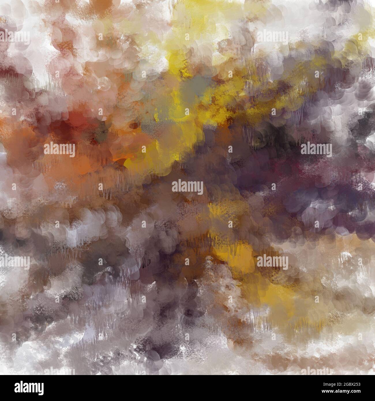 Disegno astratto del cielo piovoso. Colori bianco, giallo, marrone e grigio. Sfondo scuro. Foto Stock