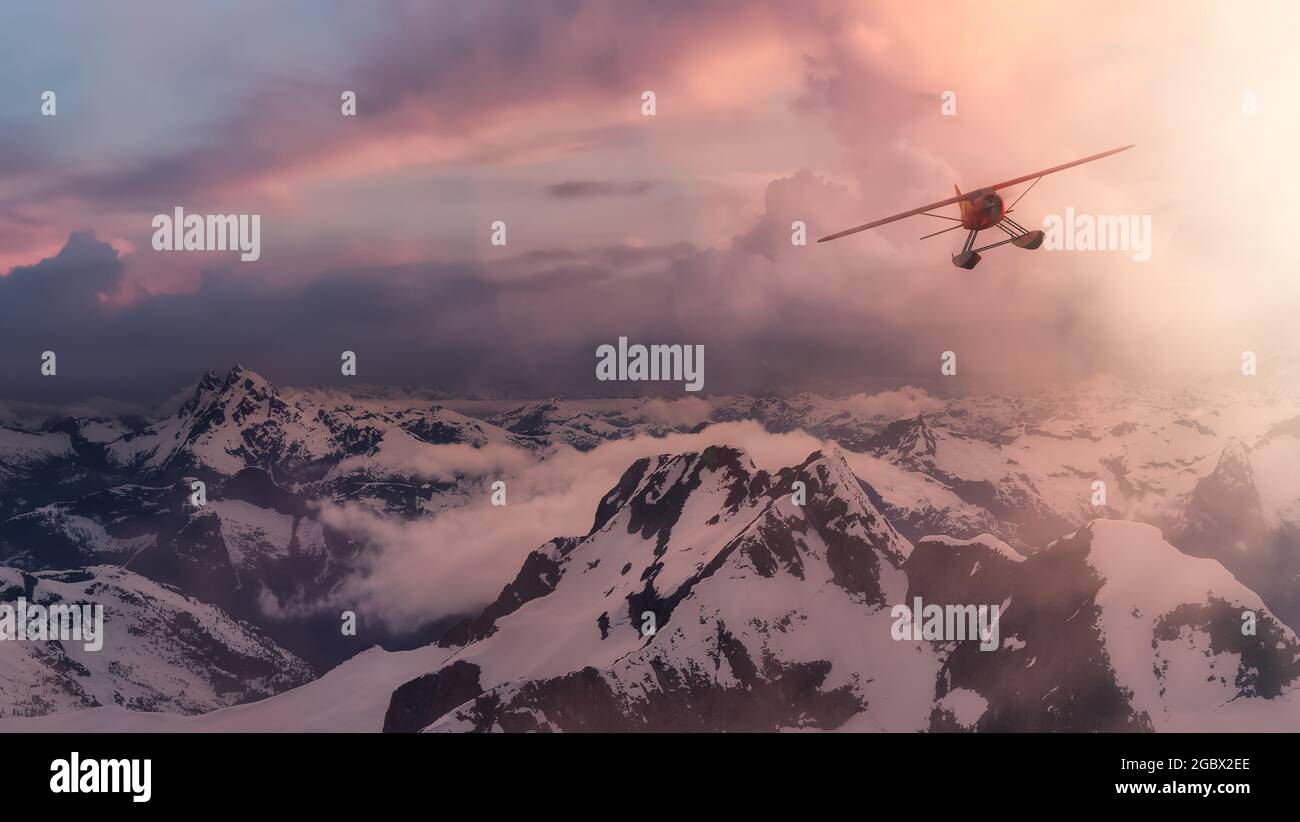 Avventura immagine composita del idrovolante CGI 3D che sorvola le Montagne Rocciose canadesi Foto Stock