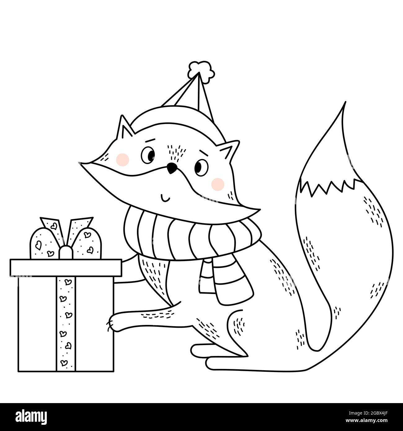 Volpe in una sciarpa e un cappello con un grande regalo. Personaggio invernale - cute animale selvaggio in abiti. Illustrazione vettoriale. Linea, contorno. Per la raccolta di bambini Illustrazione Vettoriale