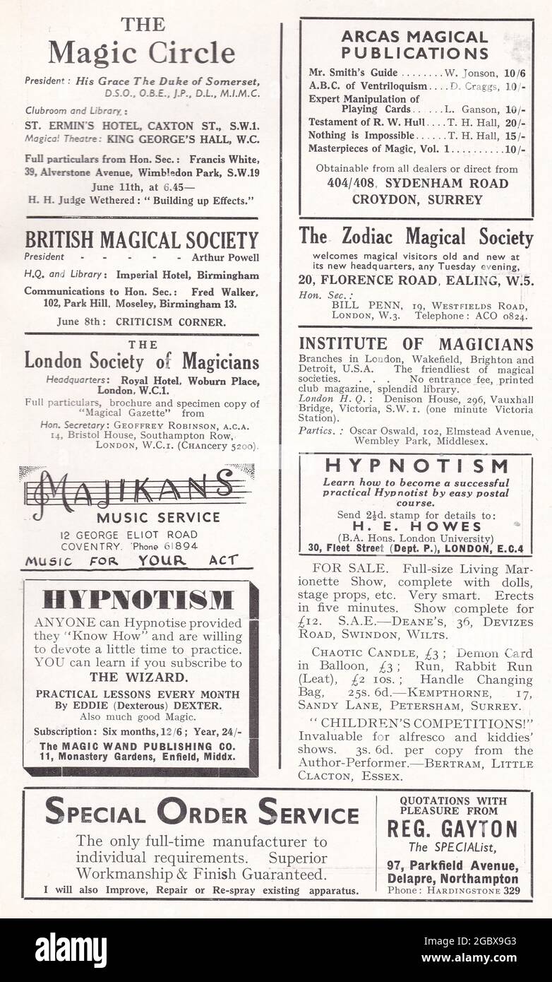 Annunci Vintage Abracadabra 1948 - The Magic Circle / British Magical Society / The Zodiac Magical Society / Institute of Magicians. Foto Stock