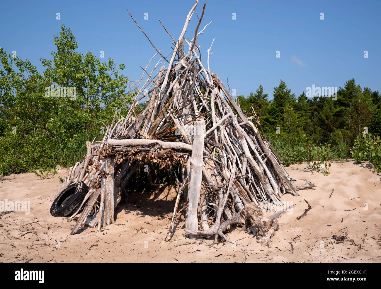 Beach Shelter fatto di driftwood, flotsam e trovato materiali in zona boschiva della costa del lago Michigan. Foto Stock