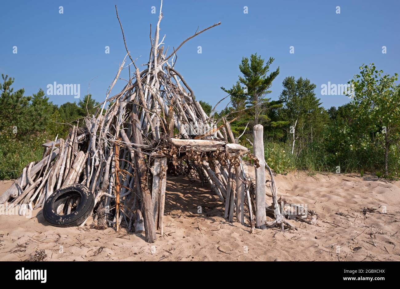 Beach Shelter fatto di driftwood, flotsam e trovato materiali in zona boschiva della costa del lago Michigan. Foto Stock