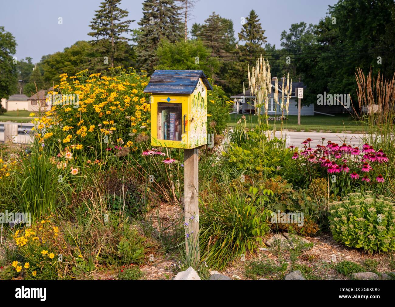 Little Free Library, Neighborhood Library o scambio di libri situato sul Mariner's Trail lungo il lago Michigan, Two Rivers, Wisconsin Foto Stock