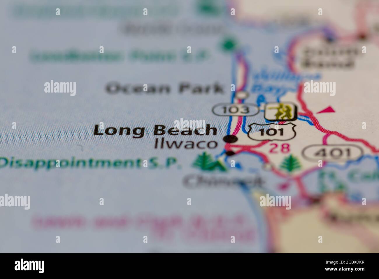 Long Beach, Washington state USA, visualizzata su una mappa stradale o su una mappa geografica Foto Stock