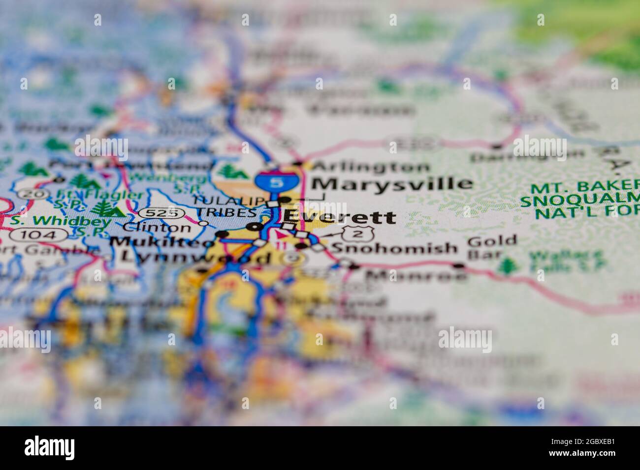 Everett Washington state USA mostrato su una mappa stradale o su una mappa geografica Foto Stock