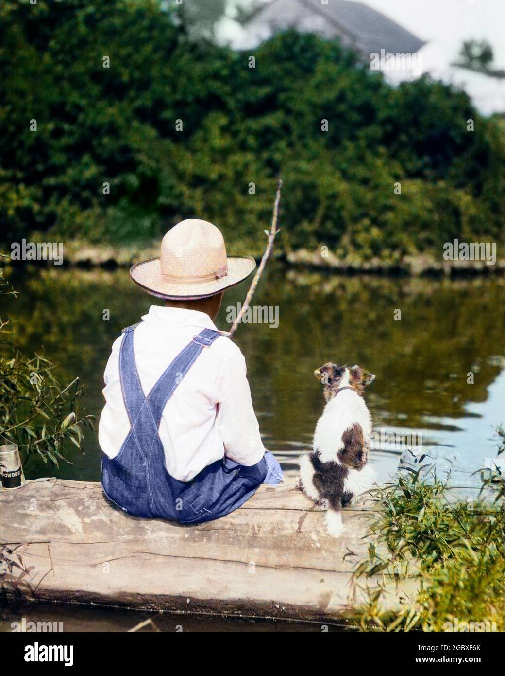 1920 RAGAZZO FATTORIA ANNI '30 CHE INDOSSA CAPPELLO DI PAGLIA E TUTE SEDUTA SU TRONCHI CON CANE AVVISTATO PESCA IN POND - A4779C HAR001 HARS NOSTALGIA VECCHIA MODA 1 GIOVANE POLO AMICO LAGHETTO TEAMWORK FORO BORDO STILE DI VITA FISHERMAN MOODY RURALE HOME VITA COPIA SPAZIO CATCH AMICIZIA MEZZA LUNGHEZZA PERSONE TUTE SILENZIOSE SIEDONO RUSCELLO MASCHI ROD AMERICANA DENIM CATTURA TERRIER RIFLETTERE AVVENTURA HOBBY TEMPO LIBERO LOG SPERANZA RICREAZIONE ATTESA PAL PASSIME VISTA POSTERIORE BAREFOOT UMORE CONNESSIONE BLU JEAN FIDANDO COMPAGNO ANGLING MIGLIOR AMICO SOLITARIO MUTT PAZIENZA SOLITUDINE INDIETRO VISTA CANINA JEAN GIOVANI LEALE FEDELTÀ RITUALE PUP Foto Stock