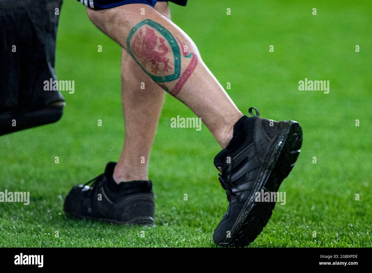 Un groundsman con un tatuaggio FAW a tempo pieno. The New Saints / FC Viktoria Plzeň nella UEFA Europa Conference League 3° turno di qualificazione al Card Foto Stock