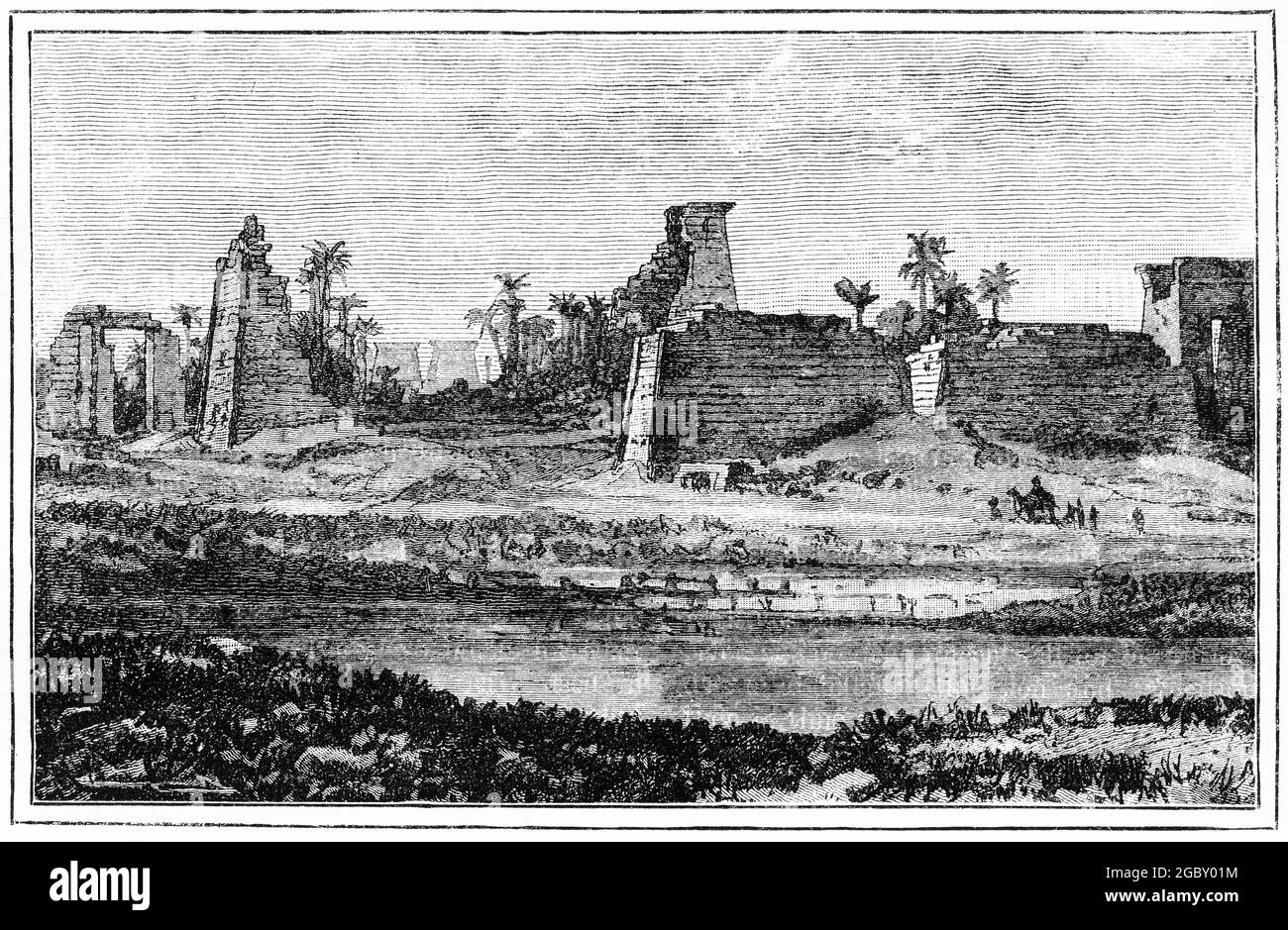 Incisione di rovine sull'isola di Philae ad Assuan, Egitto durante il 1880 Foto Stock