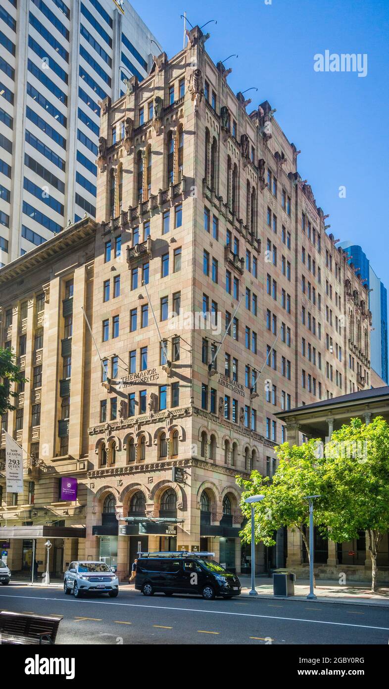 The Manor Apartments, 289 Queen Street, Brisbane City, le facciate degli edifici sono influenzate da edifici Art Deco americani, la città di Brisbane, Queensland Foto Stock