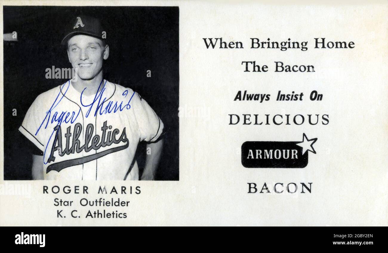 Cartolina ricordo rilasciata da Armour Bacon raffigura il giocatore di baseball Roger Maris con la Kansas City Athletics nel 1959 Foto Stock