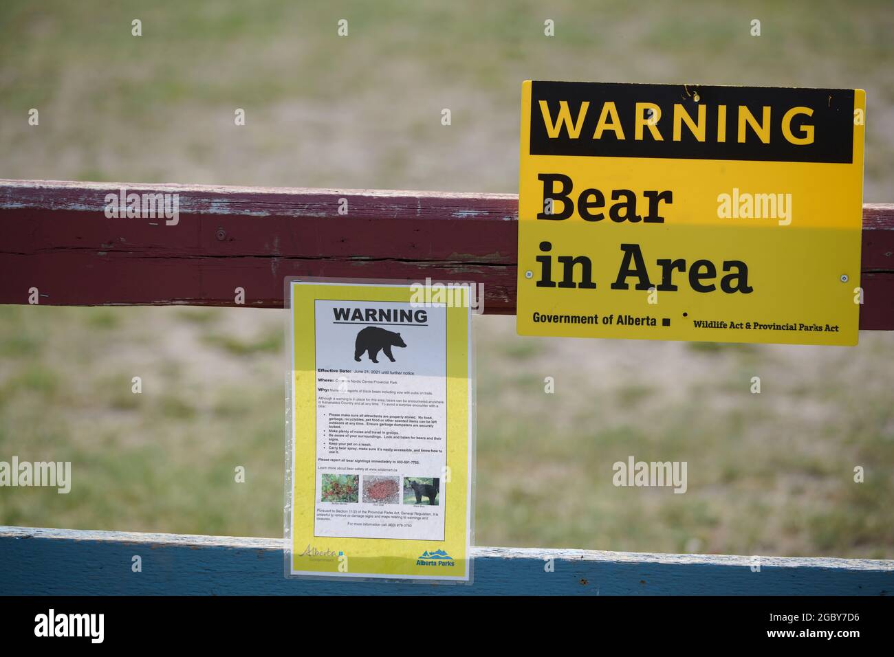 Portare i cartelli segnaletici nell'area, Canmore Nordic Center, Canmore, Alberta, Canada. Foto Stock