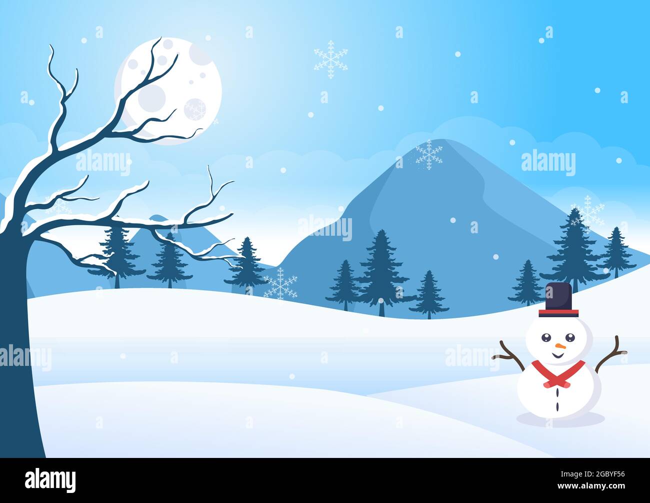 Natale Inverno Paesaggio e Capodanno sfondo illustrazione vettoriale con una vista di caduta neve bianca, alberi, montagne in stile piatto Design Illustrazione Vettoriale