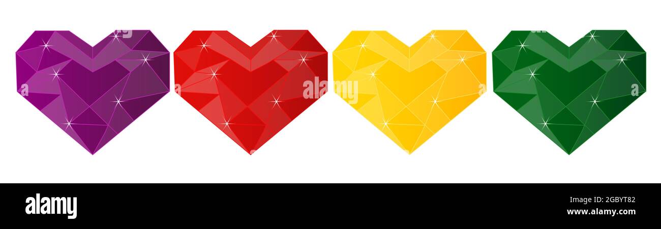 Simbolo a forma di cuore poligonale in cristallo, gemma, cuore rosso rubino brillante, ametista viola, zaffiro giallo dorato e cuore verde smeraldo Illustrazione Vettoriale