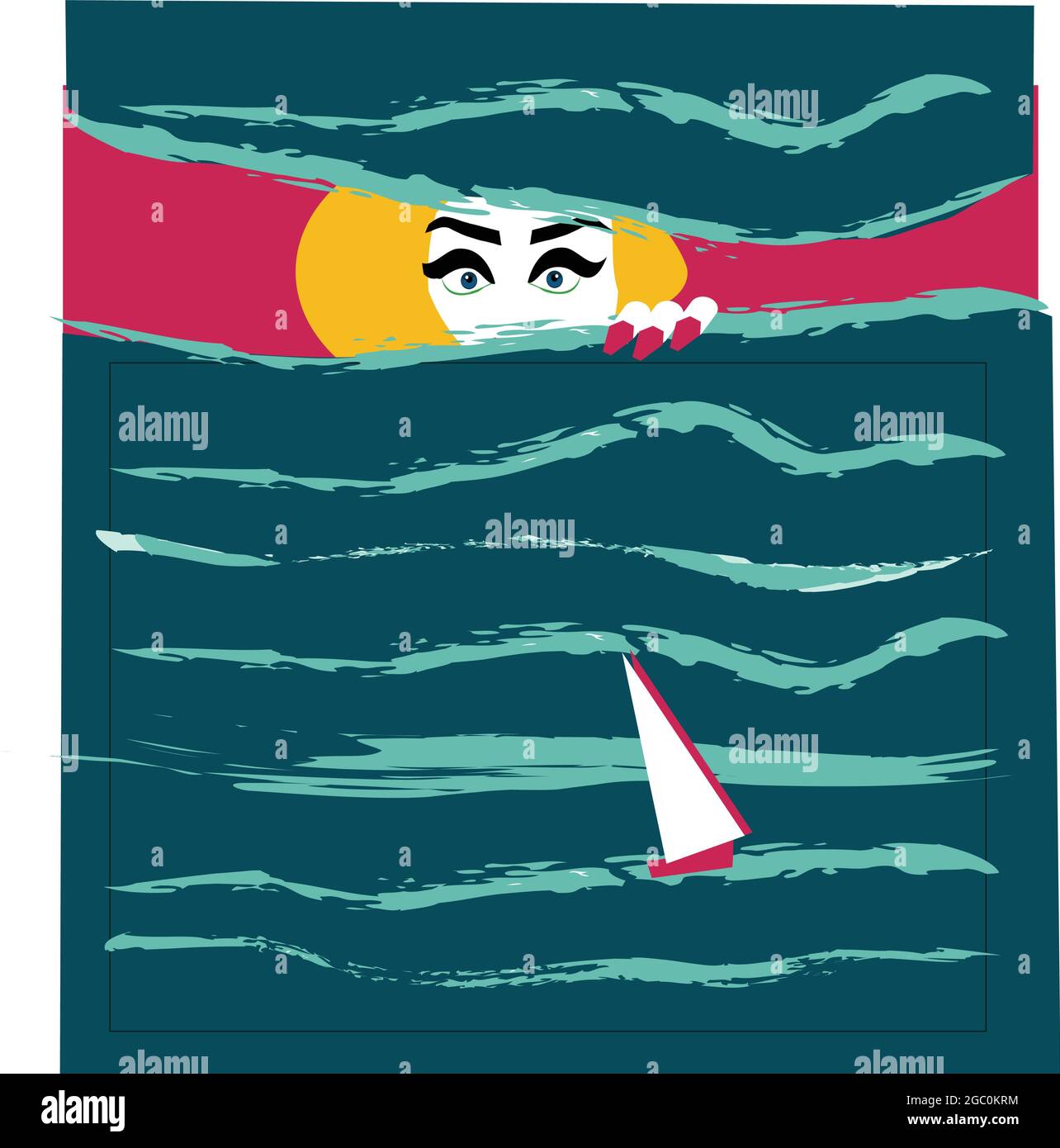 una donna spaventata che guarda attraverso le sue feritoie fatte di onde e di una barca che naviga via Illustrazione Vettoriale