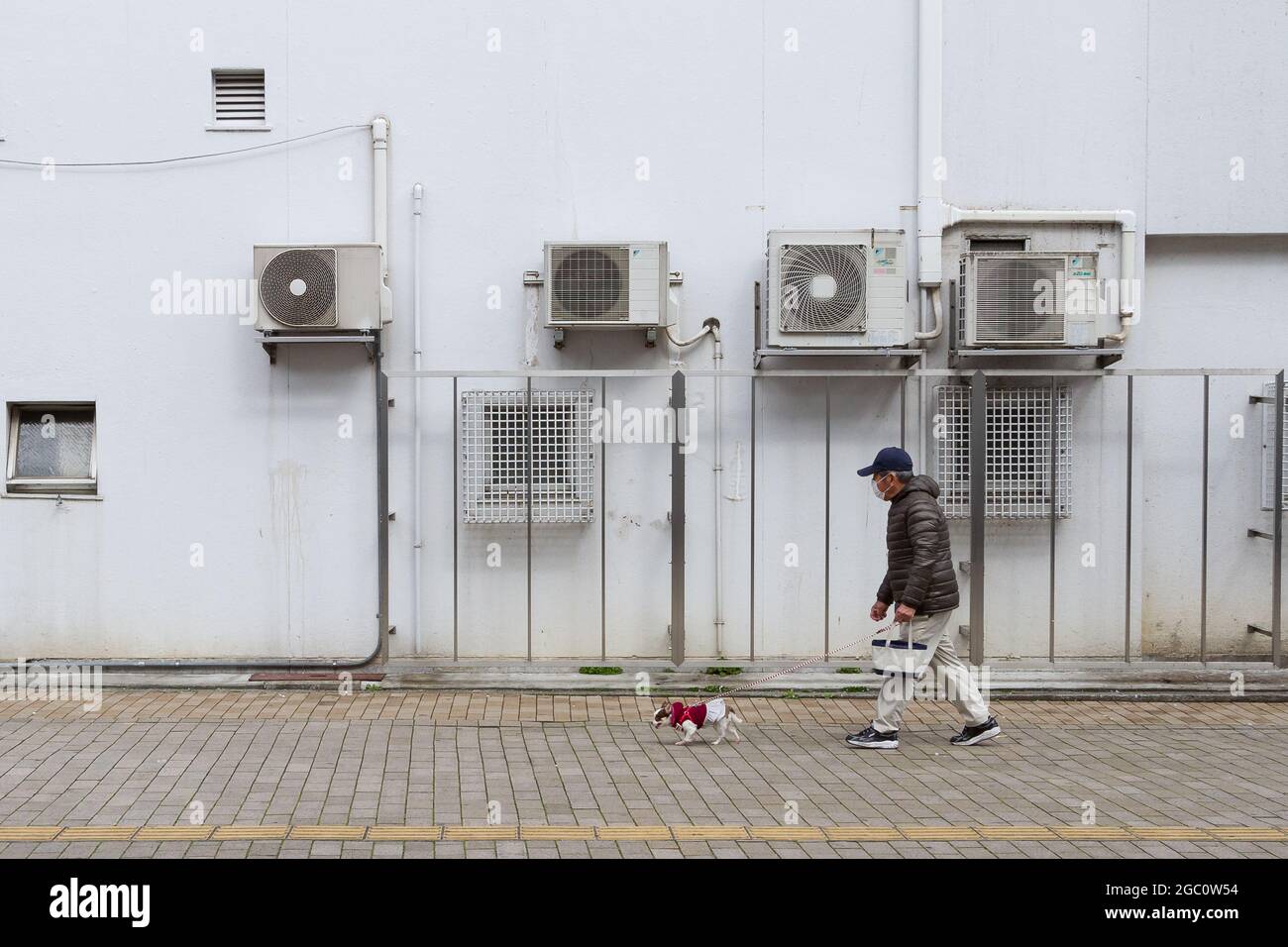 Un uomo giapponese più anziano (indossando una maschera chirurgica) cammina il suo piccolo cane oltre un muro con unità di aria condizionata su di esso a Yamato, Kanagawa, Giappone. Foto Stock