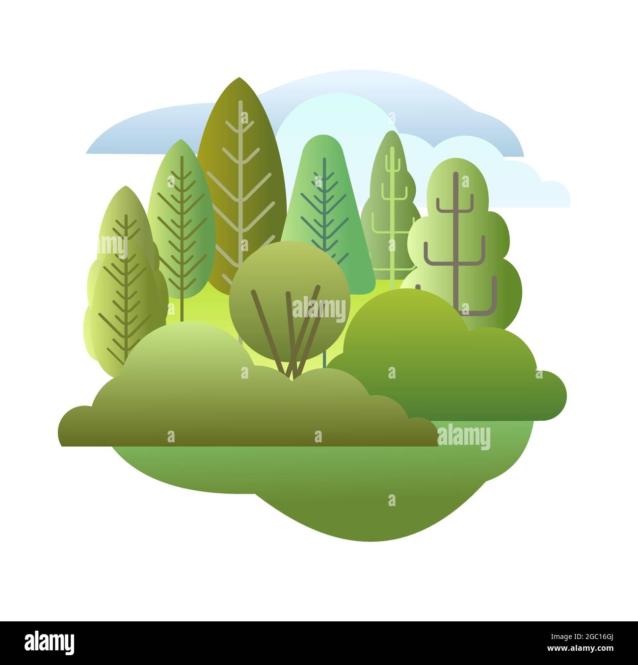 Paesaggio forestale. Illustrazione simbolica di stile piatto. Estate foresta con alberi e cespugli. Fauna rurale. Paesaggio suburbano con alberi. Isolato Illustrazione Vettoriale