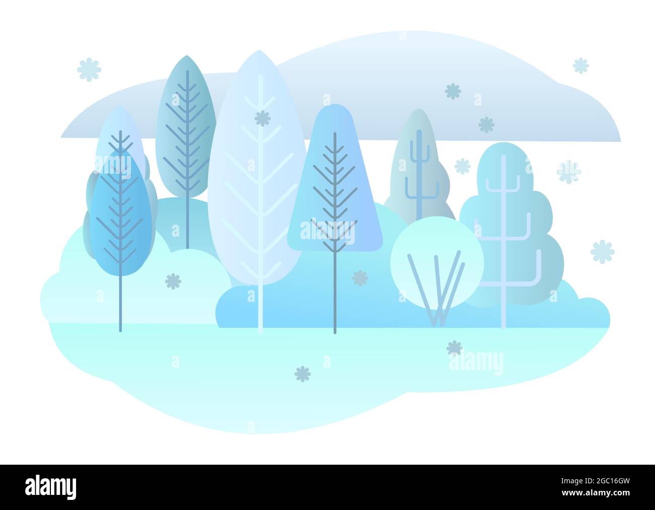 Paesaggio forestale invernale. Illustrazione simbolica di stile piatto. Scenario con alberi, arbusti e ruscelli da neve. Fauna rurale. Vista sulla campagna con gelo Illustrazione Vettoriale