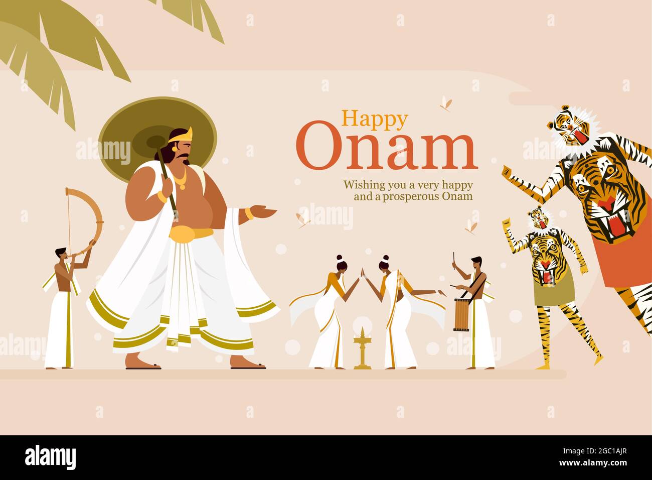 Onam Festival saluto sfondo con re Mahabali e forme d'arte tradizionale. Onam è un festival di raccolto in Kerala, India Illustrazione Vettoriale