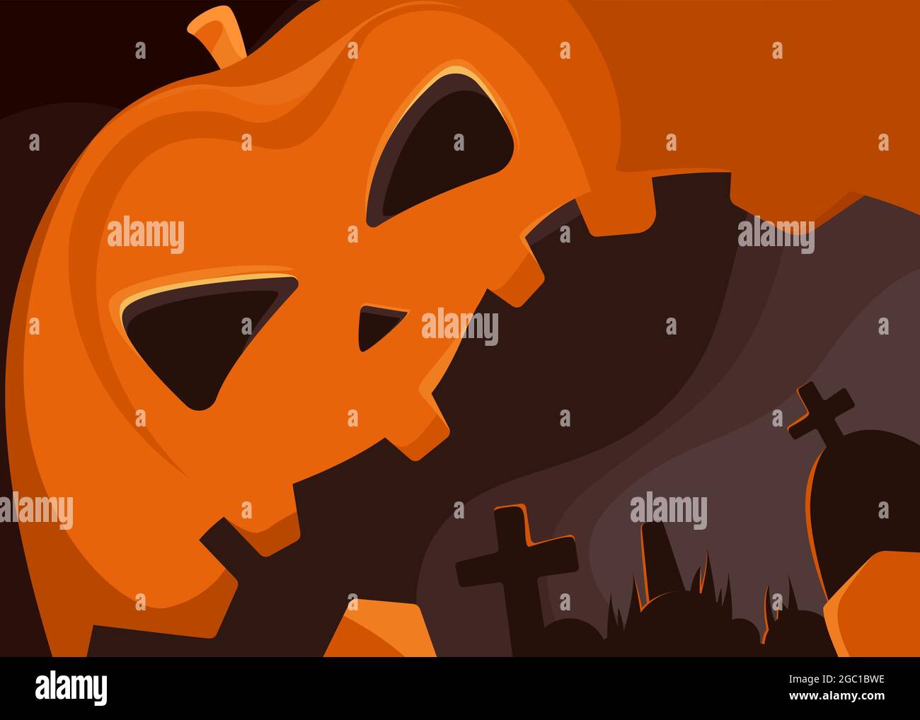 Banner con testa di zucca gigante e cimitero. Halloween cartellone design in stile cartoon. Illustrazione Vettoriale